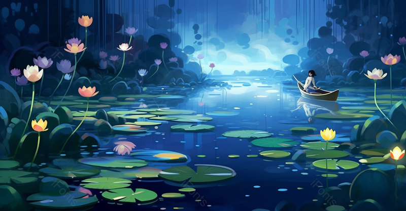 夏夜游湖荷叶荷花绽放写实插画蓝色背景,插画/手绘图,插画/手绘图库,插画/手绘图下载,插画/手绘